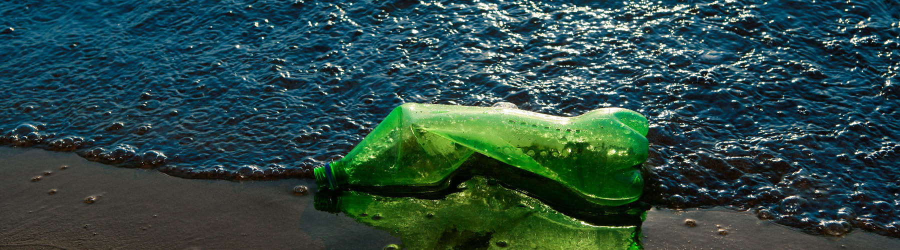 A crumpled green plastic bottle on sand with water behind it